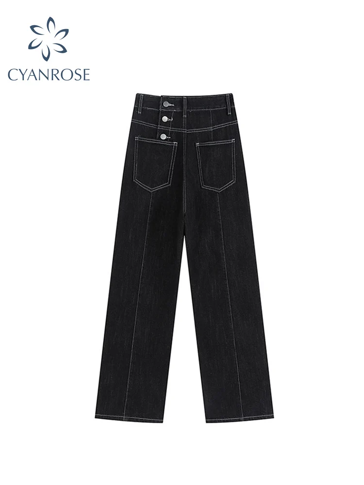 

Women Button Design High Waist Jeans Baggy Straight Pants Korean Fashion Harajuku Ins Street Hip-hop Denim Wide Leg Trouser New