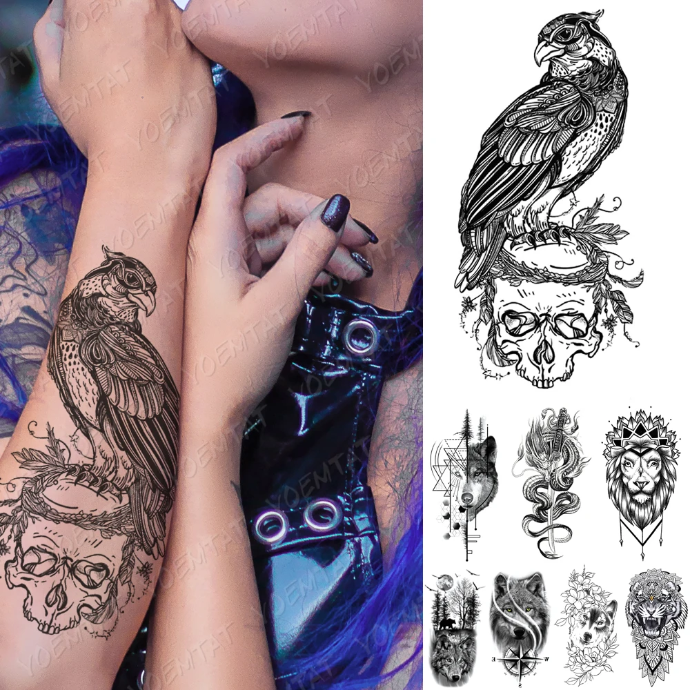 

Waterproof Temporary Tattoo Sticker Crow Skull Dragon Wolf Sword Flash Tattoos Tiger Forest Body Art Arm Fake Sleeve Tatoo Men