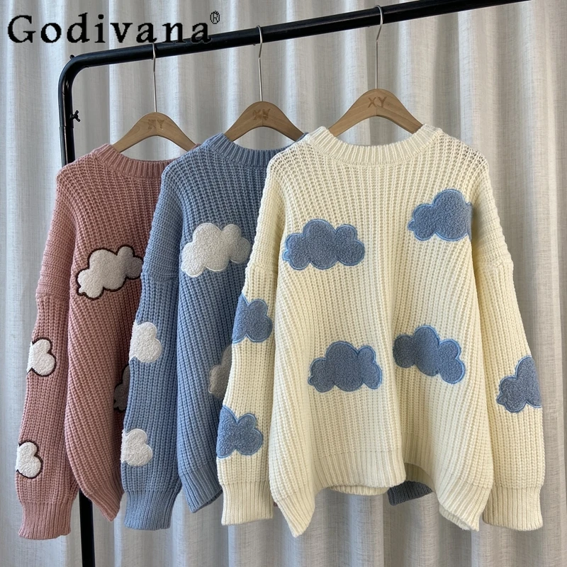 

Толстый свитер с вышивкой в виде облака, Женский утепленный Повседневный джемпер с круглым вырезом, Женский универсальный короткий джемпер...