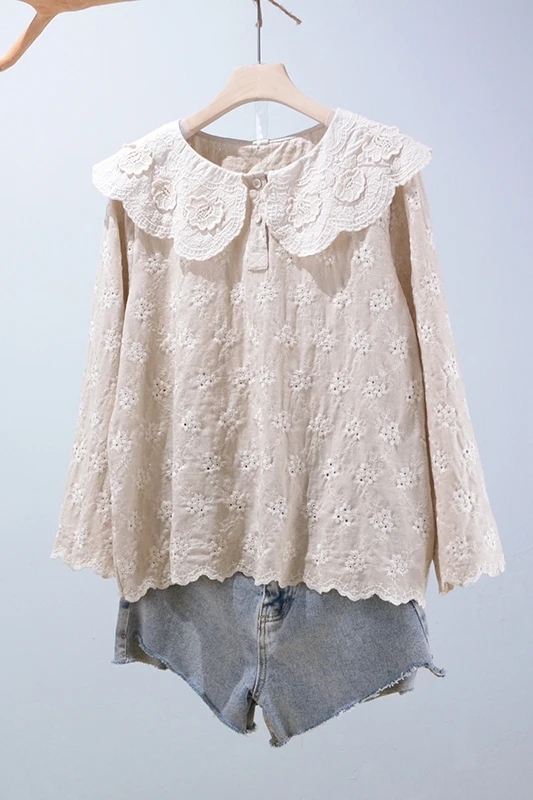 

New autumn Japan style embroidery cotton linen shirt tops Mori loose tops