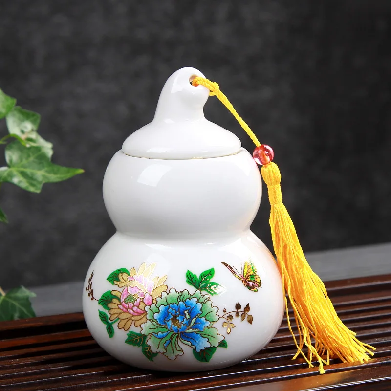 F Peony White Cucurbit Tea Caddy Ceramic Tea Box Gift Tea Leaf Packing Box Coffee Bean Sealed Canister Pills Face Powder Storage Jar - Цвет: F Peony White