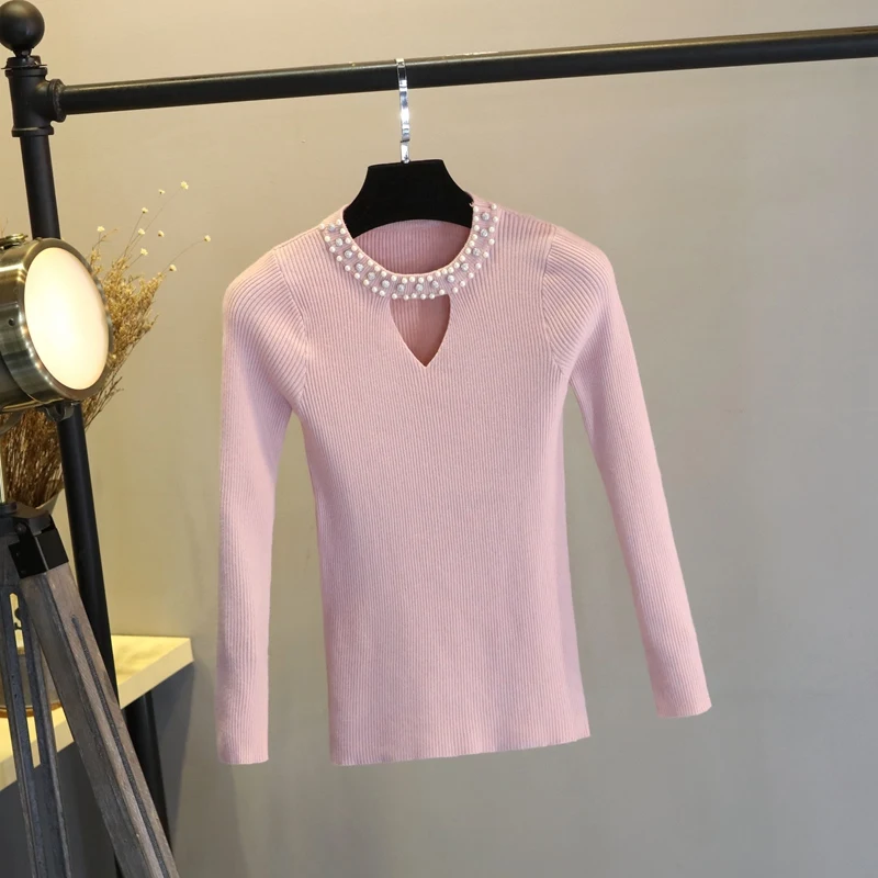 2019 жемчуг v-образным вырезом желтый женский свитер весенний тонкий пуловер