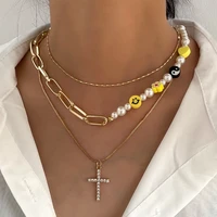 2021 new acrylic smiley pearl beaded necklace for women multi layer metal choker crystal cross clavicle chain asymmetric jewelry