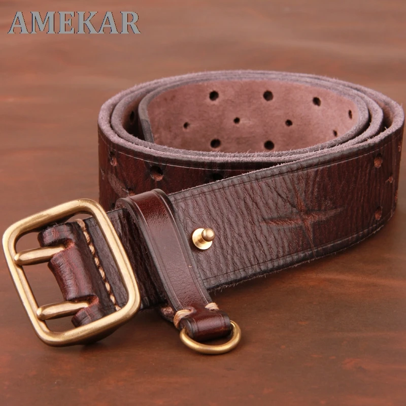 

Double-pin Copper Buckle Men's Luxury Fashion Belt Retro First Layer Pure Cowhide Jeans with Genuine Leather Stylish Men's Belts