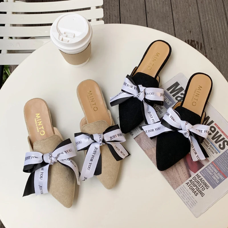 

Spring Autumn Explosion Style Ladies Slippers Outside Lazy Shoes One Foot Without Exposing Toes Half Drag Bow Women Shoes F1-18