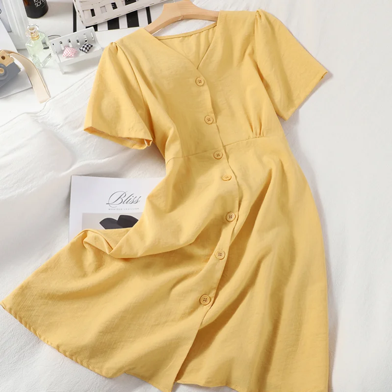 

Casual Solid V-Neck Summer Dress Women Elegant Office Lady High Waist Dress Elegant Loose Short Sleeve Button Mini Dress Vestido