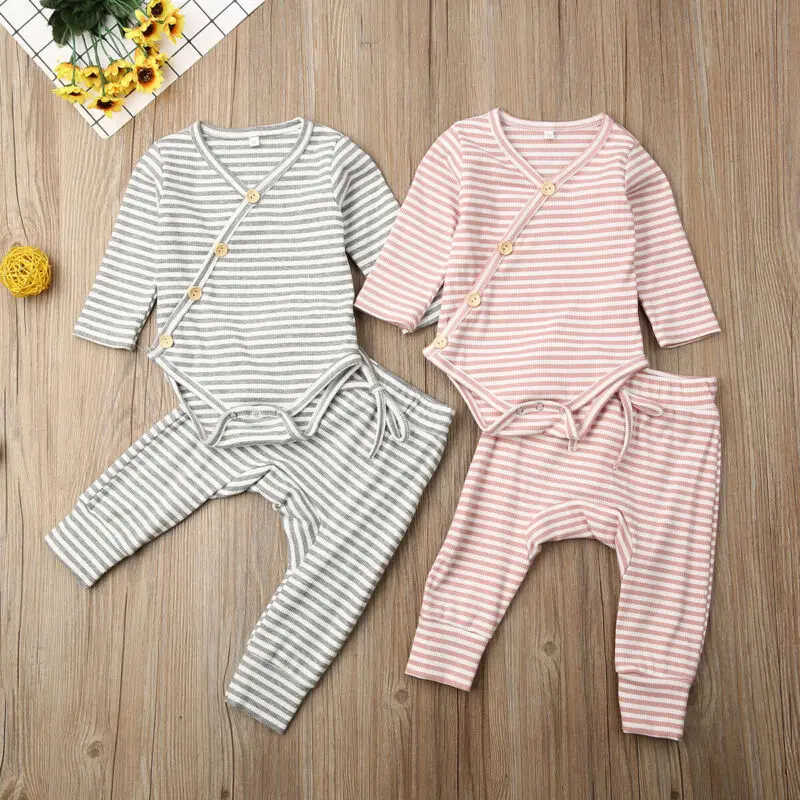 2Pcs Newborn Baby Girl Boy Cute Striped Buttons Knitted Long Sleeve Romper Playsuit Top Pants Trouser Outfit Clothes Set | Детская