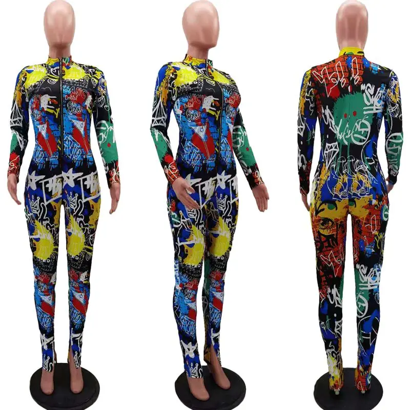 

ZKYZWX Aesthetic Printed Bodycon Long Sleeve Jumpsuit Romper One Piece Sexy Club Outfits for Women 2021 Trendy Clothing Overalls