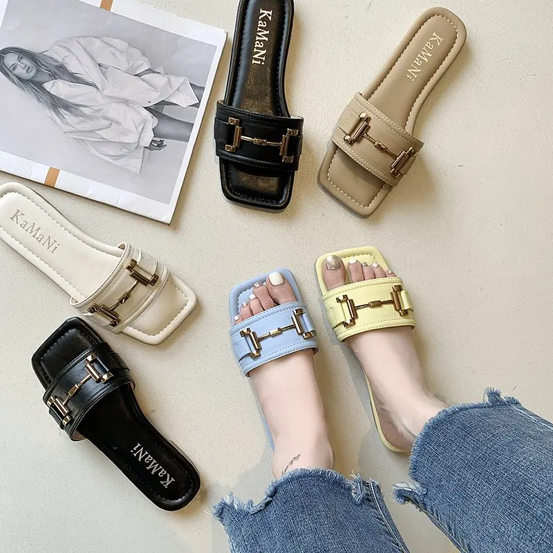 

2021 New Women's Slippers Solid Color Simple Vamp Buckle Design Trend Open Toe Casual All-match Fashion Women's Slippers