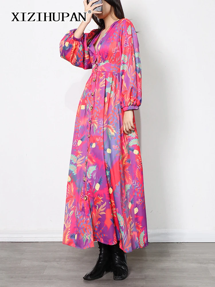 

XIZIHUPAN Casual Floral Print Midi Dress For Women V Neck Long Sleeve High Waist Fold Pleated Colorblock Dresses Female 2022 New