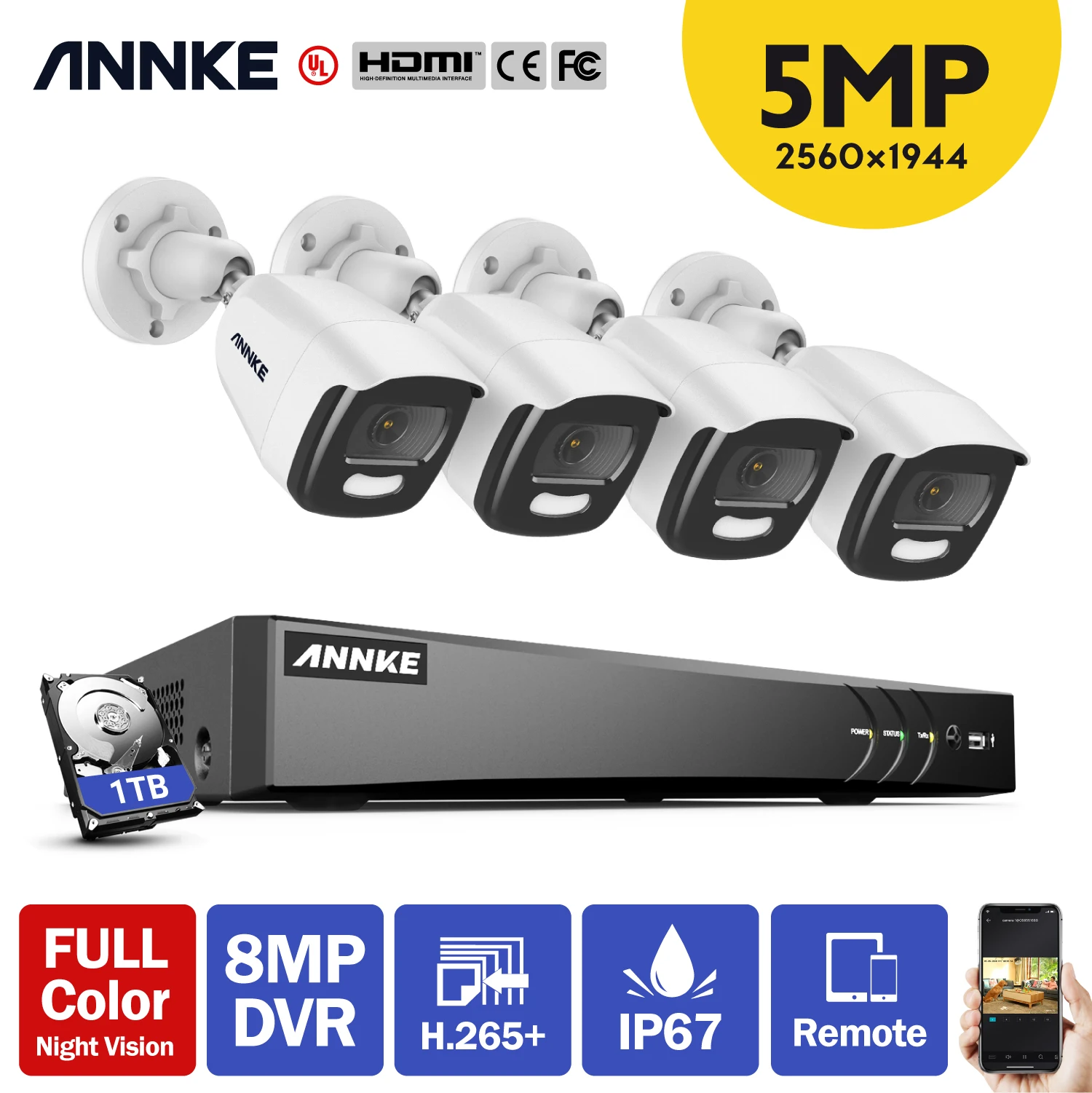 ANNKE 4K Ultra HD 8CH DVR система безопасности с 4 шт. 5 Мп супер истинный полный Цвет ночного