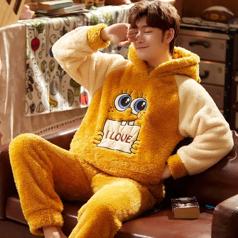 Pajamas men's autumn and winter facecloth thickened velvet students youth coral fleece large yards men's home furnishing suit