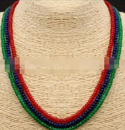 

GENUINE NATURAL 3 Rows 2X4mm FACETED Emerald Ruby&Sapphire GEMS BEADS NECKLACES