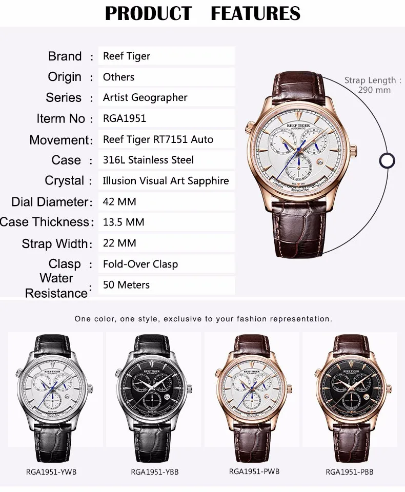 Reef Tiger/RT World Time часы с датой день месяц розовое золото кожаный ремешок часы двойное время Мужские автоматические часы RGA1951