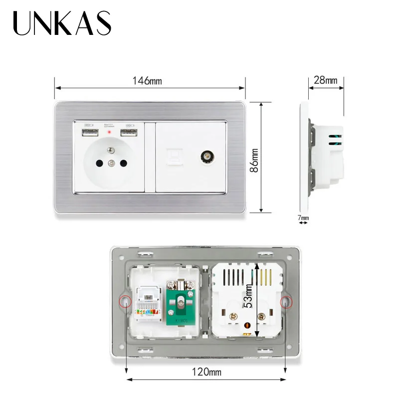 Панельная французская розетка UNKAS из нержавеющей стали с двойным USB портом +