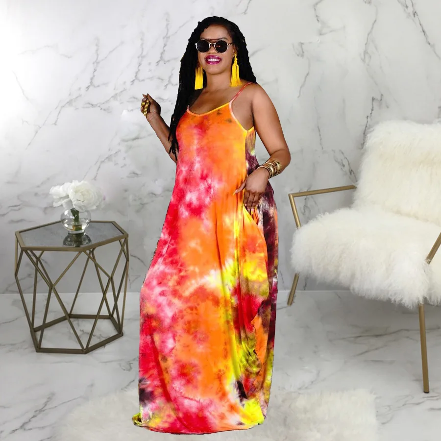 

Spaghetti straps sleeveless V-neck personalized backless U-shaped tie-dye printed pocket loose multi-size sexy multi-color dress