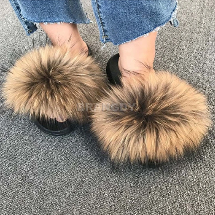 

Real Fox Hair Slippers Women Fur Raccoon Fluffy Sliders Jamacia Furry Summer Flats Sweet Ladies Shoes Large Size 45 Wholesale