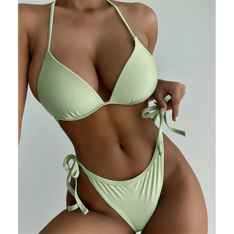 

Sexy Bandage Bikini Swimwear Women Push Up 2021 Summer Beachwear Swimsuit Female 2 Pieces Set Biquini Solid Swim Bathing Suit Ne