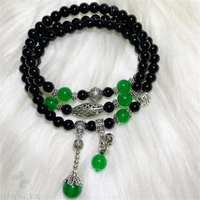 6mm natural black agate 108 pearl green crystal bell pendant bracelet classic elegant wristband buddhism bless yoga spirituality