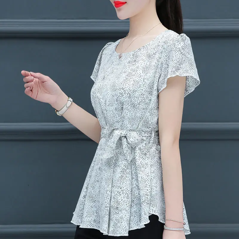 

Fashion Women Spring Summer Style Chiffon Blouses Shirts Lady Casual Short Sleeve O-Neck Polka Dot Prints Tops DF3496