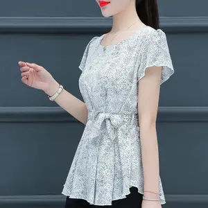 Женская шифоновая блузка, с коротким рукавом, круглым вырезом и принтом в горошек, весна-лето, DF3496