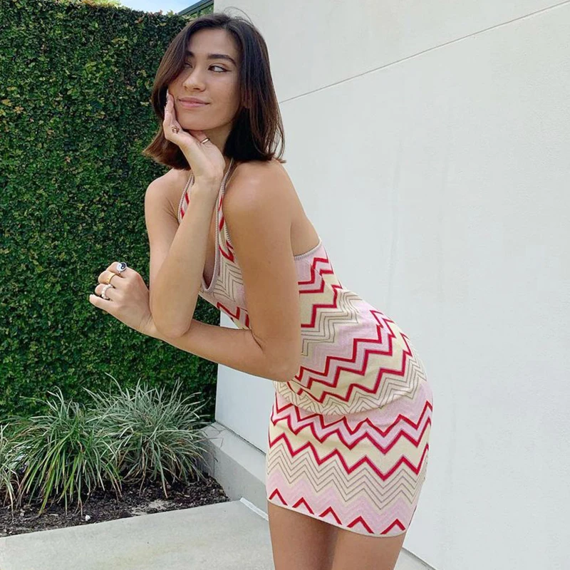 

HEYounGIRL Summer Backless Halter Tank Dress Women Striped Wave Print Knitted Bodycon Mini Dresses Ladies Fashion Streetwear