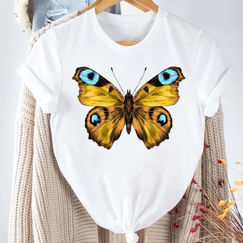 

Женская одежда с мультяшным принтом, топы, футболка, модная Милая трендовая Футболка с принтом бабочки, красивые футболки с коротким рукаво...