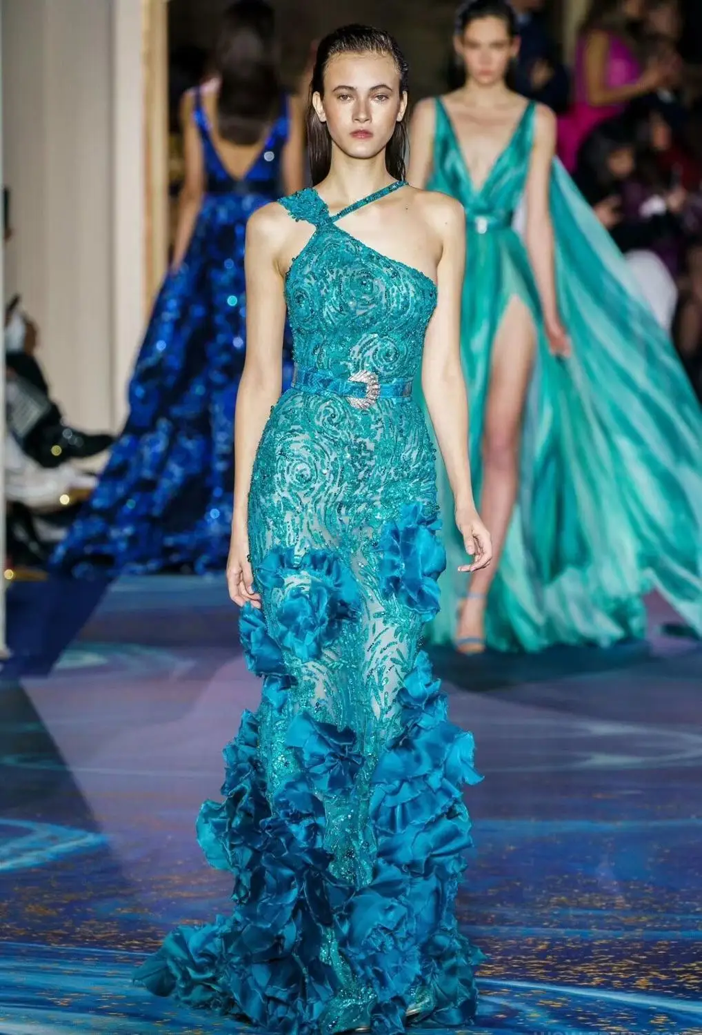 Новое модное синее асимметричное платье с аппликацией для сцены вечернее женщин