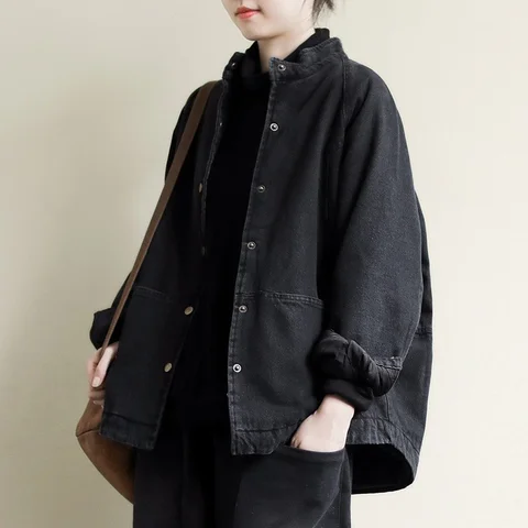 Стильная японская Студенческая Милая свободная утепленная хлопковая джинсовая черная куртка с длинным рукавом M L