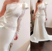white mermaid evening dresses appliques ruffles one shoulder with train special occassion wear vestido de noche blanco