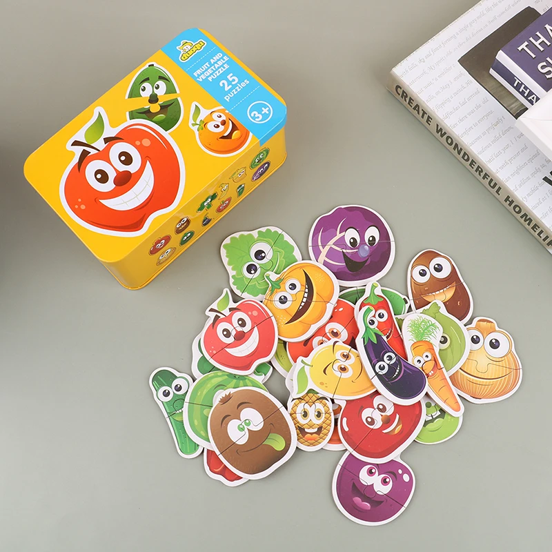 

Wooden Learning Card Puzzles Toy Early Educational Toy Cartoon Traffic Animal Fruit With Iron Box Kids Cognitive Puzzle Baby Toy