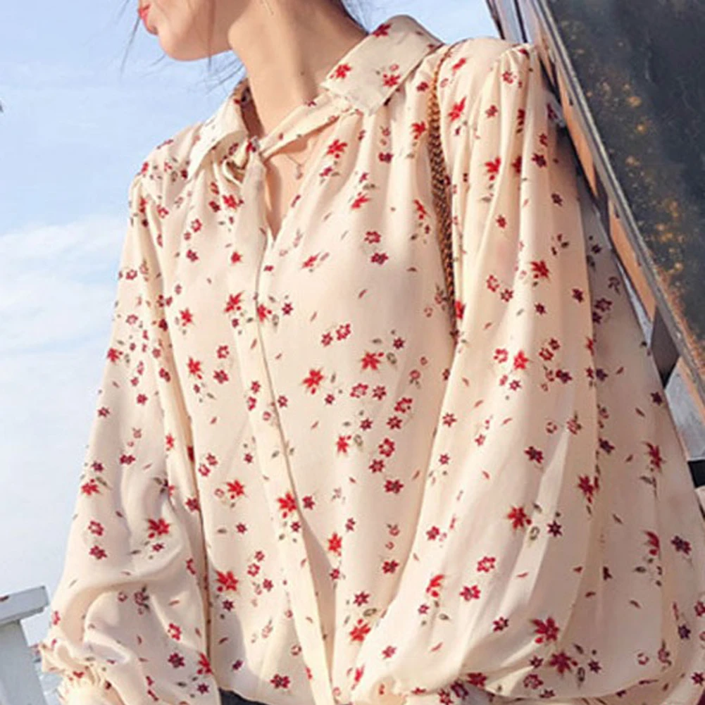 2020 High Collar Blouse Fashion Ladies Floral Long Sleeve Casual Shirt Top Loose Sleeve Printed Neck Blouse Shirt Top