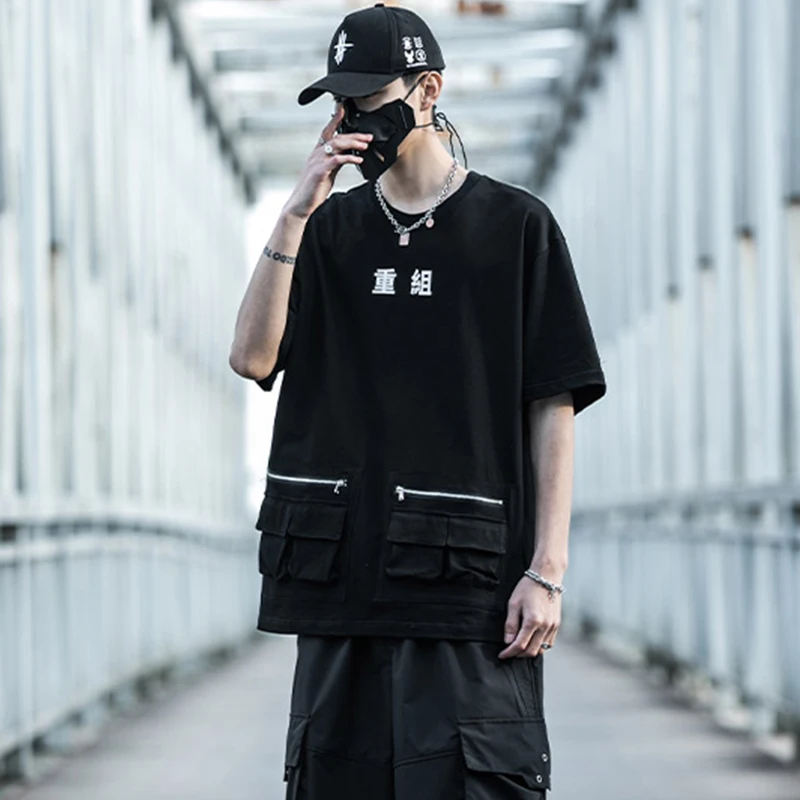 

Techwear Functional Tactical Hip Hop Black T-Shirts Men Summer Zipper Pockets Letter Print Oversized TShirts Streetwear Top Tee