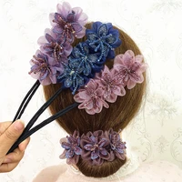 ethnic net yarn rhinestone hairpin bun hairstyle hair stick women elegant scrunchies flower hair maker tools hair accessories