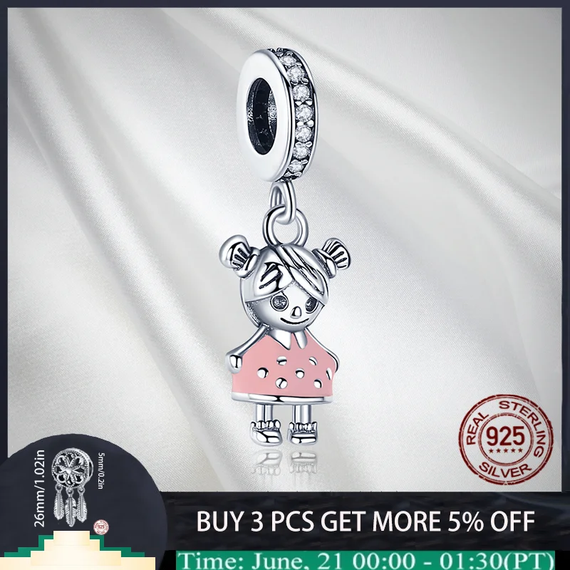 

925 Sterling Silver Pink Clothes Little Girl Beads Charms Fit Original Bracelets Bangle DIY Women Designer For Making Jewelry