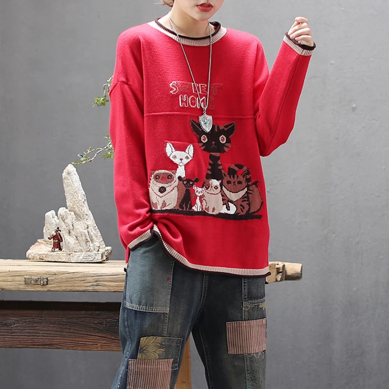 2019 осенне-зимний женский свитер тренд Стиль Повседневный с рисунком кота круглый