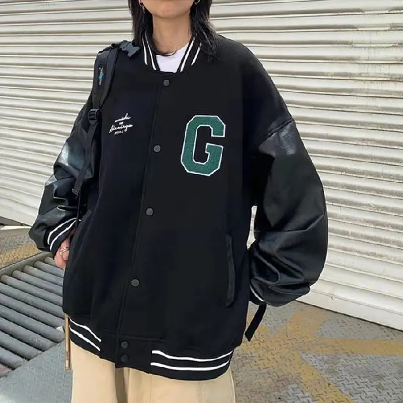 Черная американская бейсбольная куртка-бомбер Студенческая куртка на молнии