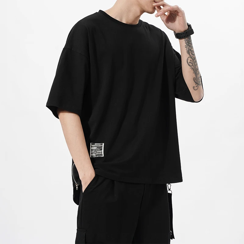 

Streetwear Cotton Men T-shirt Half Sleeve Tee Shirt Homme Hip Hop Ribbons Side-zipper Short Sleeve Men T Shirt