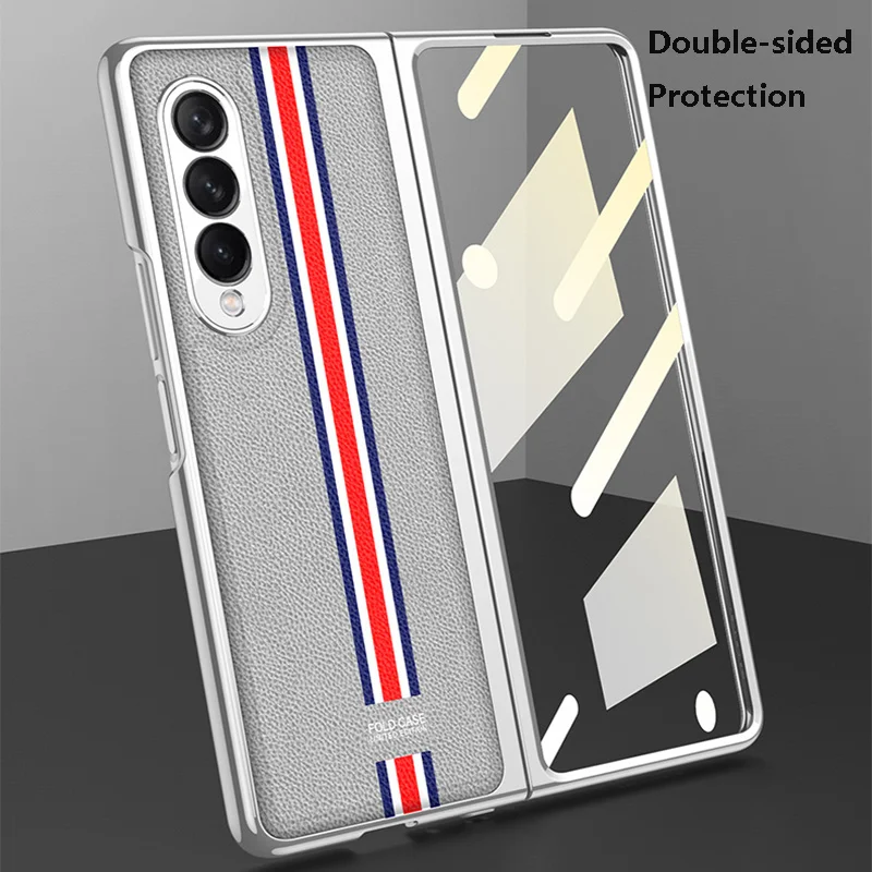 plain leather case for samsung galaxy z fold 3 5g phone cover with tempered glass protective film fitted fundas for samsung w22 free global shipping