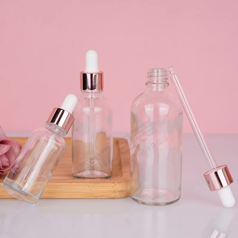 

5-100ML Tubes Transparent Dropper Glass Aromatherapy Liquid for Essential Massage Oil Pipette Refillable Bottles Rose Gold Cover