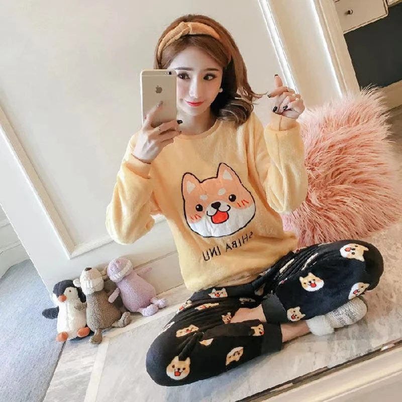 

2 Piece/set Cartoon Pyjama Winter Warm Pijamas Set Womens Flannel Lingerie Set Animal Home Clothes Femme Cute Velvet lounge wear
