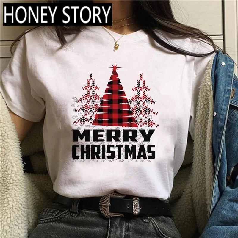 

Merry Christmas Letters Women Santa Claus T shirt Reindeer Navidad T-shirt Girl Harajuku Short Sleeve Tee Female 90S Clothes