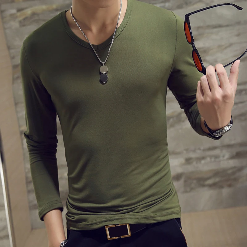 

Men's Autumn Long Sleeve T-Shirt Solid Color Basic Tops Slim Fit Elastic Pullover Male Casual V-Neck Cotton Tee Shirt Plus Size