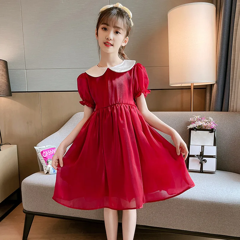 

2021 New Summer Spring Dress Girls Summer Doll Collar Short Sleeve Dress Big Child Girl Puff Sleeve Princess Fashion Dress