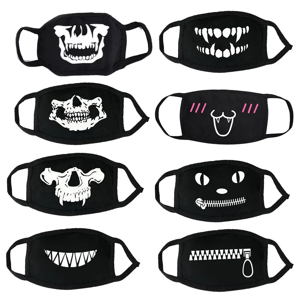 

8pcs Cute Print Facemask Black Cotton Thick Breathable Coldproof Dust Proof Face Mask Windproof Foggy Haze Pollution Masque