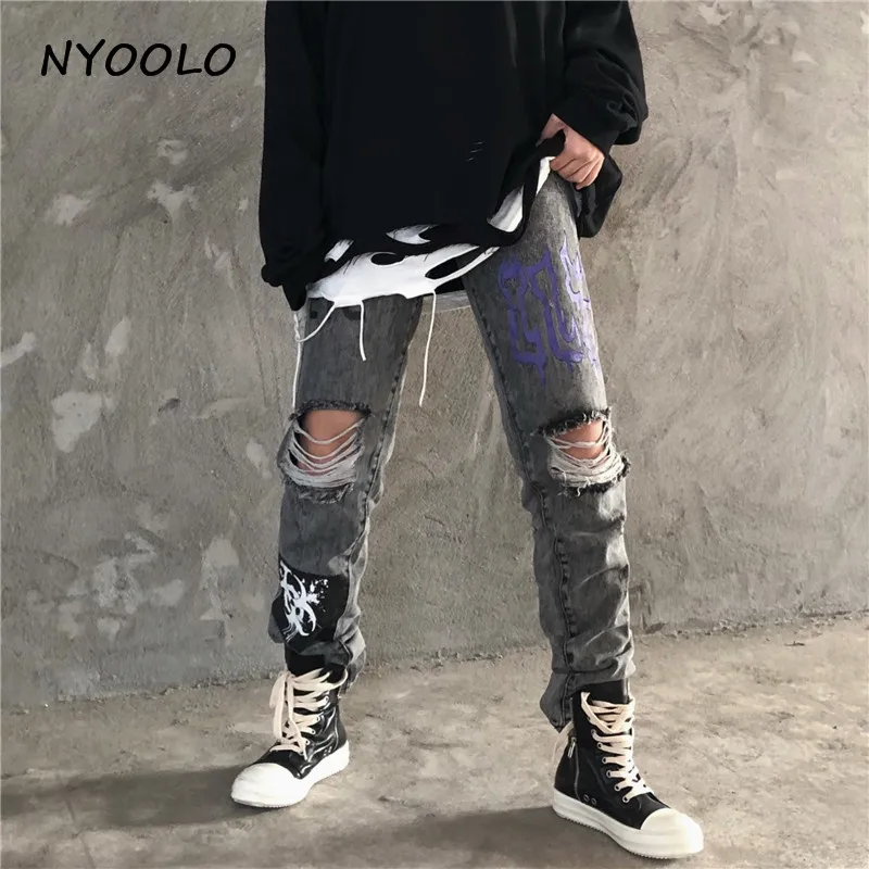 NYOOLO High Street винтажные джинсы с принтом граффити и потертыми дырками осенние тонкие длинные джинсовые мотоциклетные брюки в стиле хип-хоп для женщин и мужчин