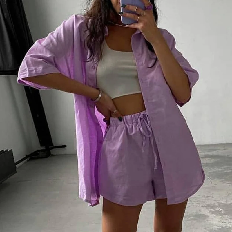 

Summer Casual Tracksuit Women's Shorts Suits Green Streetwear Short Sleeve Shirt Tops Loose Drawstring Mini Shorts Two Piece Set