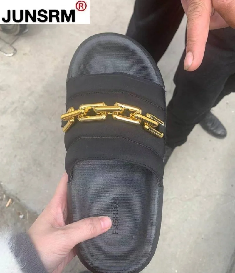 

Soft Thick Sole Unisex Slipper Metal Chain Ornament Open Round Toe Casual Slides Summer Sandal Flat Heel Big Size 43