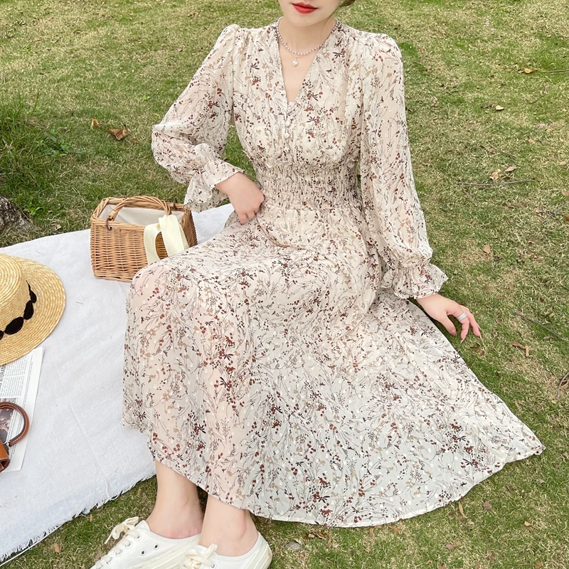 

2021 Spring New Arrival Women Elegant French Chiffon Dress Retro V-Neck Long Sleeve Elastic Waist Casual Slim Party Maxi Dress