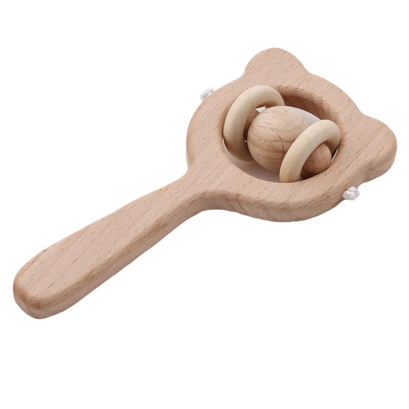 Baby Toys Beech Wood Bear Hand Teething Wooden Ring Can Chew Beads Baby Rattles Play Gym Montessori Stroller Toys